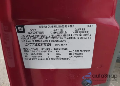 2002 Chevrolet Trailblazer Lt z USA, uszkodzony, nr VIN 1GNDT13S222179376